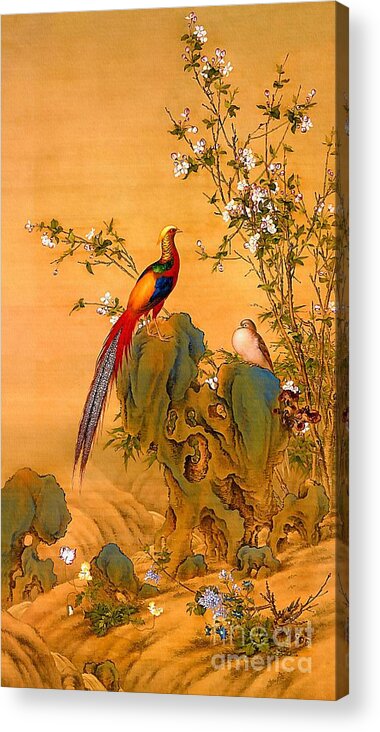 Golden Acrylic Print featuring the digital art Golden Pheasants in Spring by Ian Gledhill