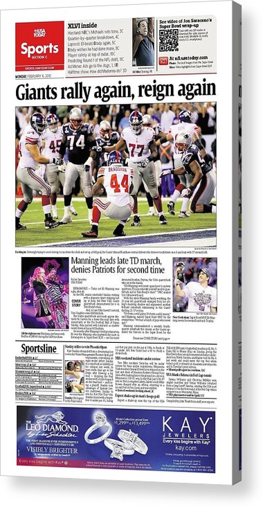 Usa Today Acrylic Print featuring the digital art 2012 Giants vs. Patriots USA TODAY SPORTS SECTION FRONT by Gannett