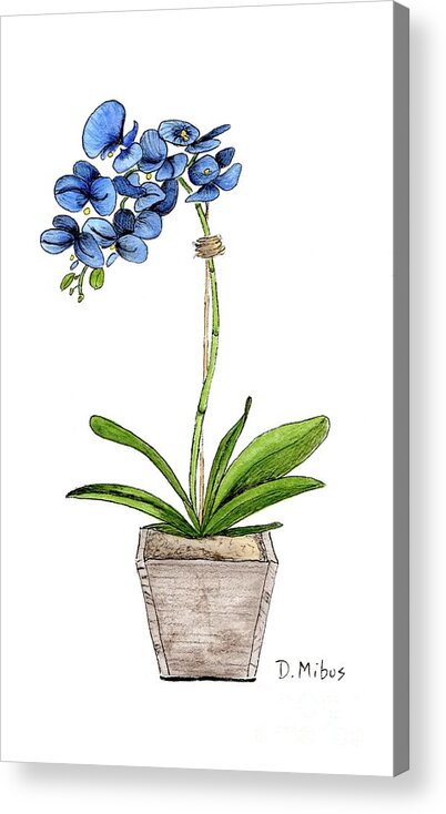 Blue Mystique Orchids Acrylic Print featuring the painting Blue Mystique Orchids in Wood Planter by Donna Mibus