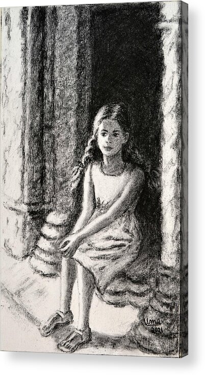 Child Sitting In The Doorway Acrylic Print featuring the drawing Child sitting in the doorway by Uma Krishnamoorthy
