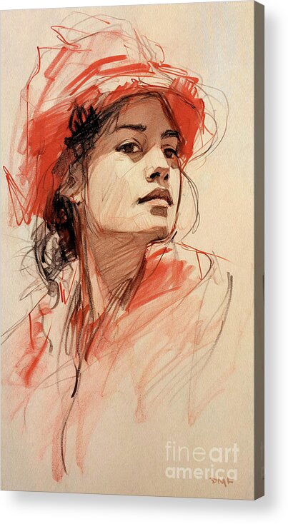 Girl Acrylic Print featuring the drawing Girl with a Red Straw Hat by Dragica Micki Fortuna