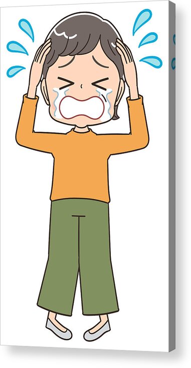 Asian And Indian Ethnicities Acrylic Print featuring the drawing Senior woman with short hair wearing orange clothes.She has negative emotions. by Yopinco