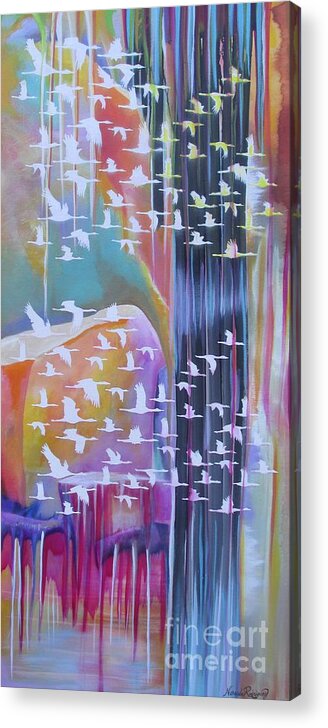 Cranes Acrylic Print featuring the painting Flock of Cranes by Nereida Rodriguez