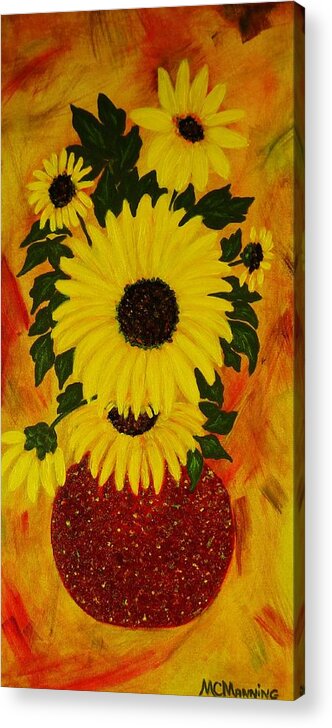 Sunflowers In Red Vase Acrylic Print featuring the painting Sunflowers by Celeste Manning