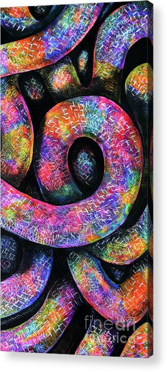 Coil After Coil Of Snake Body One On Top Of Another .depth And Dimension .rainbow Hues With Black Background . Acrylic Print featuring the painting Imaginary Anaconda by Priscilla Batzell Expressionist Art Studio Gallery
