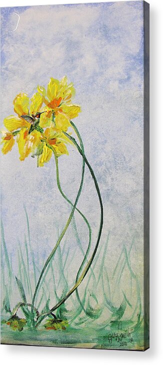 Grass Acrylic Print featuring the painting Hummingbird On Yellow Flower by Gary Smith