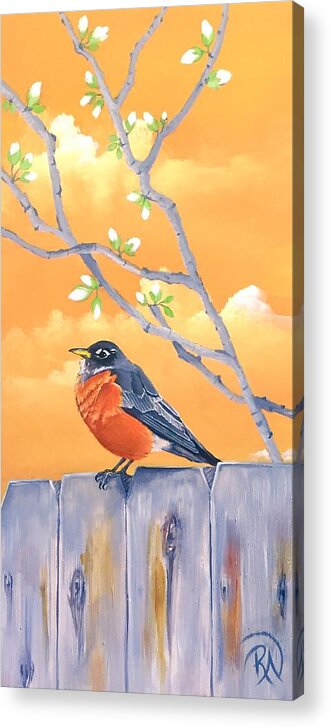 Robin Acrylic Print featuring the painting Robin Perched on Fence #2 by Renee Noel