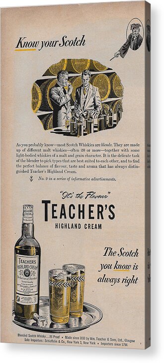 James Smullins Acrylic Print featuring the mixed media Vintage Teacher's Scotch Whiskey ad 1949 by James Smullins