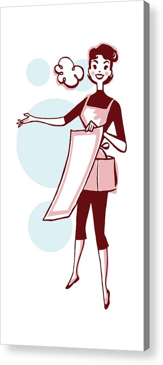 Adult Acrylic Print featuring the drawing Happy Woman in Apron with Blank Sign #1 by CSA Images