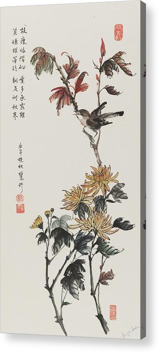 Chinese Watercolor Acrylic Print featuring the painting Chrysanthemums and Sparrow by Jenny Sanders