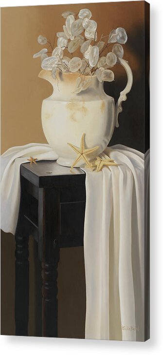 Water Pitcher With Flowers And Sea Shells On A Table Draped In White Cloth Acrylic Print featuring the painting Sea Life Composition 1 by Cecile Baird