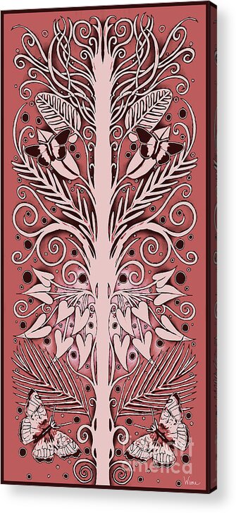 Espalier Tree Acrylic Print featuring the mixed media Inked French Style Espalier Tree with Butterflies in Brick Red by Lise Winne