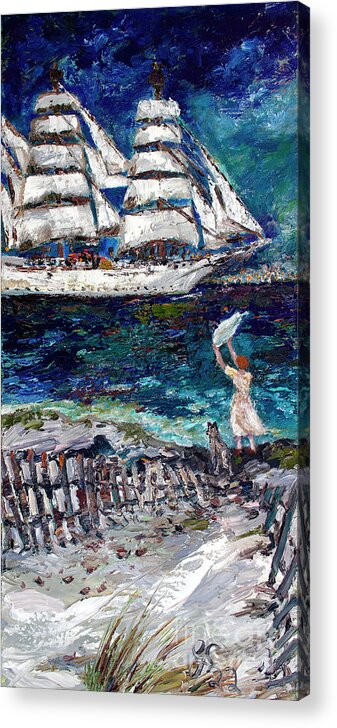Oil Paintings Of Ships Acrylic Print featuring the painting Savannah Georgia Waving Girl Chinese Merchant Ship by Ginette Callaway