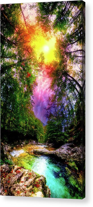 Blue Acrylic Print featuring the photograph Winding Blue River Red Forest Sunset by Eszra Tanner