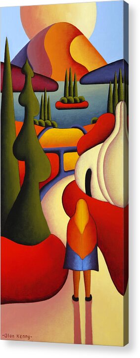 Dreamscape Acrylic Print featuring the painting Dreamscape with cottage and ritual figure by Alan Kenny