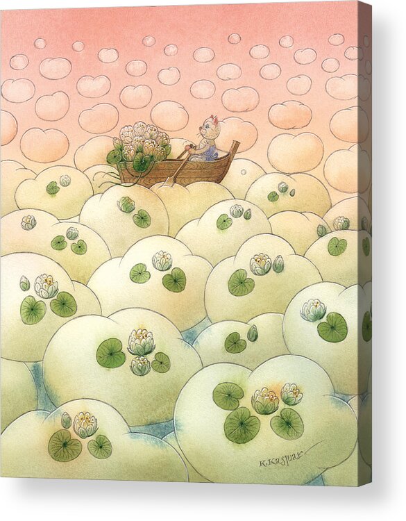 Sky Clouds Rose Cat Flowers Water Lilies Dream Boat Acrylic Print featuring the painting The Dream Cat 04 by Kestutis Kasparavicius