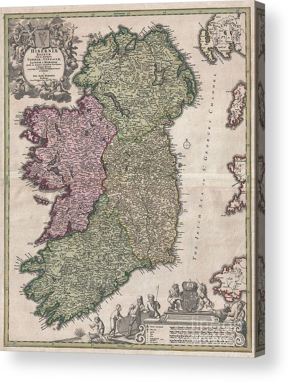 An Iconic C. 1716 Map Of Ireland By Johann Baptist Homann. A Fine Example Of Homann's Work Acrylic Print featuring the photograph 1716 Homann Map of Ireland by Paul Fearn