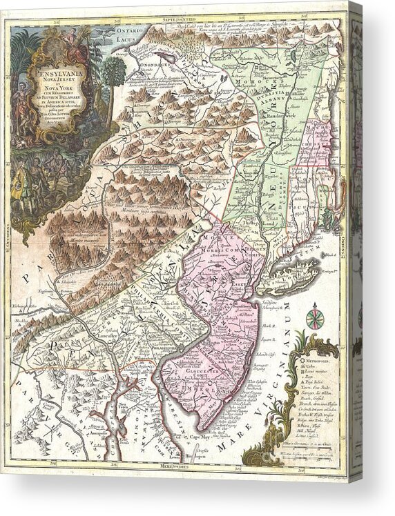 A Fine And Rare 1756 Example Of Tobias Conrad Lotter’s Important Map Of The Middle Atlantic And New England Regions During The British Colonial Period. One Of The Most Desirable Acrylic Print featuring the photograph 1756 Lotter Map of Pennsylvania New Jersey and New York by Paul Fearn