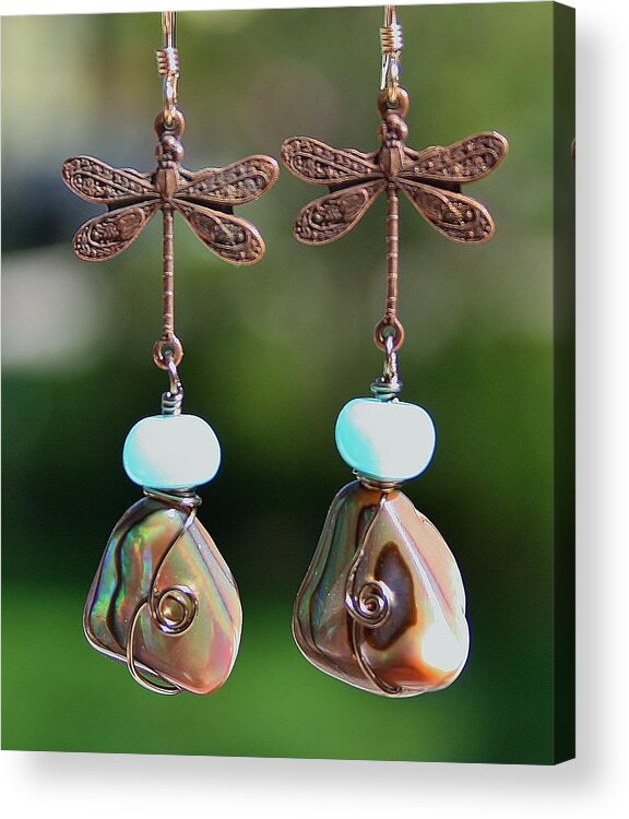 Jewelry.dragonfly Acrylic Print featuring the photograph Abalone Dragonfly Earrings by Kelly Nicodemus-Miller