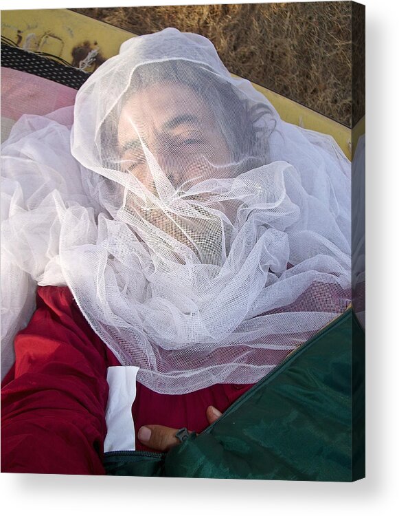 Camping Acrylic Print featuring the photograph Africa, Burkina Faso, View Of Explorer Wearing Mosquito Net Over Exposed Skin Whilst Camping (Year 2007) by Kypros