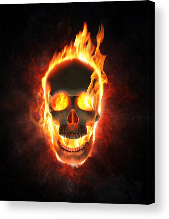 Skull Acrylic Print featuring the photograph Evil skull in flames and smoke by Johan Swanepoel