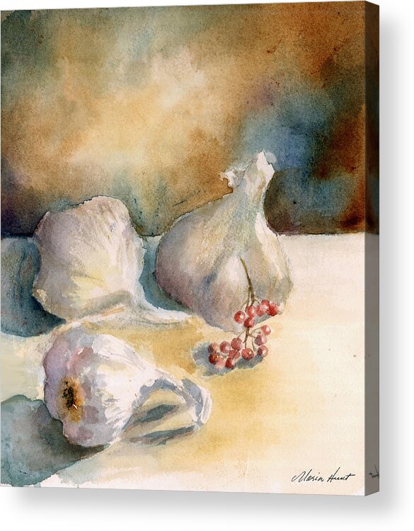 Still Life Acrylic Print featuring the painting Garlic with Peppercorns by Maria Hunt