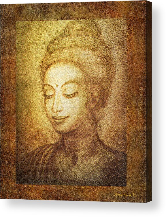 Buddha Acrylic Print featuring the mixed media Golden Buddha by Ananda Vdovic