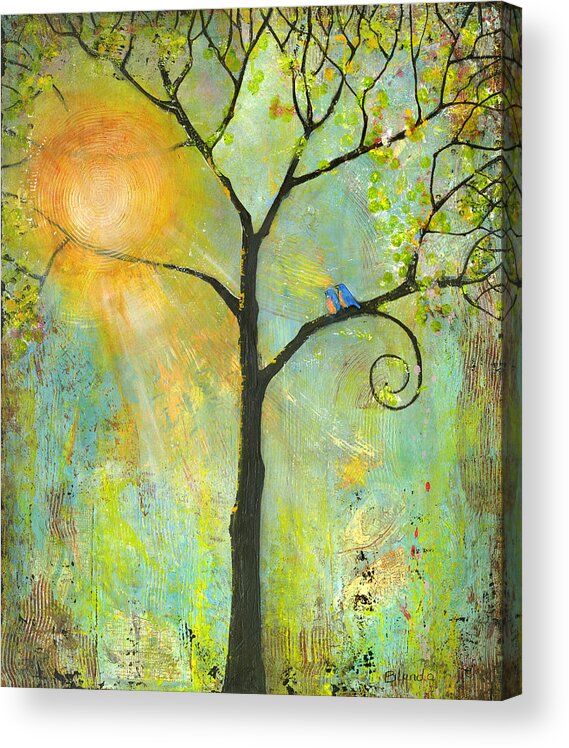 Tree Acrylic Print featuring the painting Hello Sunshine Tree Birds Sun by Blenda Studio