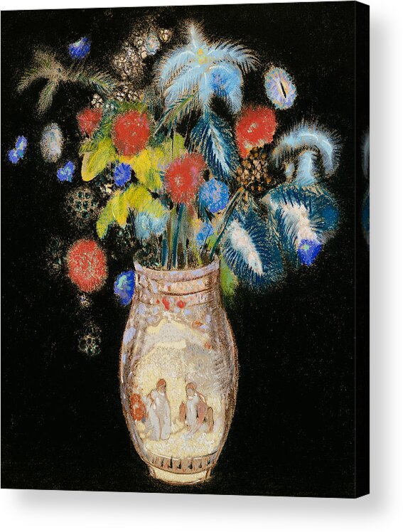 Still Life; Flower; Vase Acrylic Print featuring the painting Large Bouquet on a Black Background by Odilon Redon