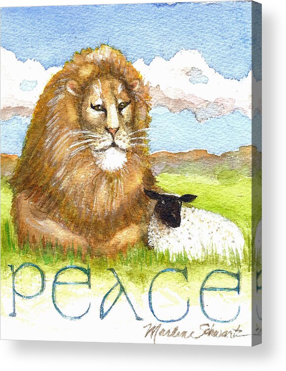 Lion And Lamb Acrylic Print featuring the painting Lion and Lamb - Peace by Marlene Schwartz Massey