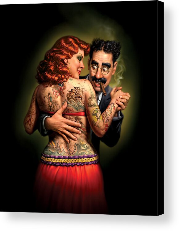 Tattoos Acrylic Print featuring the painting Lydia the Tattooed Lady by Mark Fredrickson