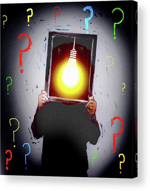 Adult Acrylic Print featuring the photograph Man Surrounded By Question Marks by Ikon Ikon Images