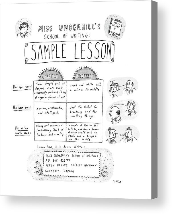 Education Acrylic Print featuring the drawing Miss Underhill's School Of Writing Sample Lesson by Roz Chast