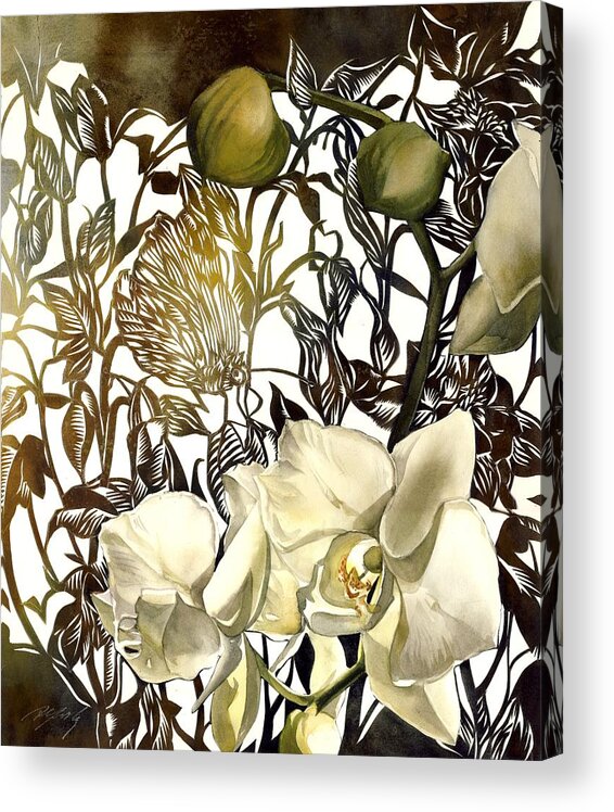 Moth Orchid With Moth Acrylic Print featuring the mixed media Moth Orchid With Moth by Alfred Ng