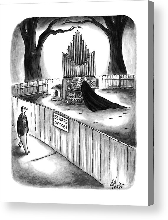 No Caption
Man Walks By Fence With Sign: Beware Of Dog. On The Other Side Of The Fence Acrylic Print featuring the drawing New Yorker April 10th, 1995 by Frank Cotham