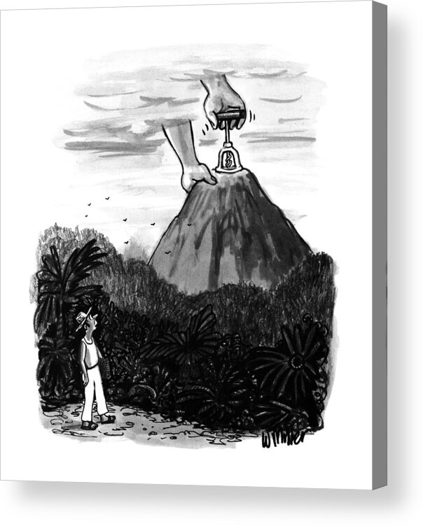 No Caption
An Island Villager Watches Two Giant Hands Emerge From The Heavens And Use A Giant Corkscrew To Unplug/open A Volcano Acrylic Print featuring the drawing New Yorker July 24th, 1995 by Warren Miller