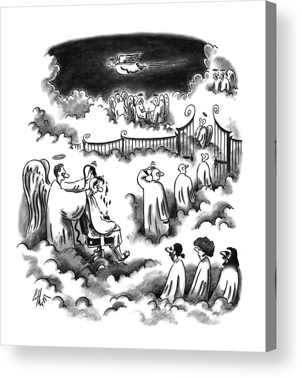 (an Angel Shaving All The New Angel's Heads Before Entering Heaven)
Death Acrylic Print featuring the drawing New Yorker September 26th, 1994 by Frank Cotham