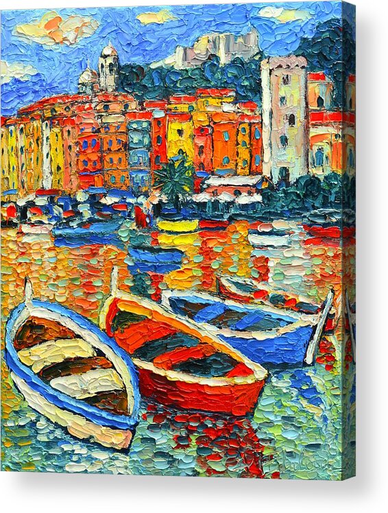 Portovenere Acrylic Print featuring the painting Portovenere Harbor - Italy - Ligurian Riviera - Colorful Boats And Reflections by Ana Maria Edulescu