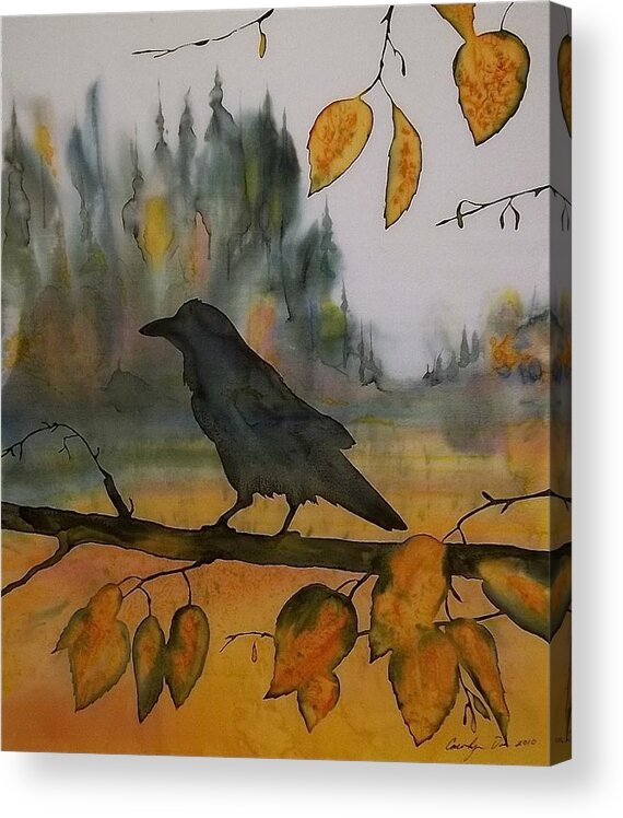 Raven Acrylic Print featuring the tapestry - textile Raven In Orange Birch by Carolyn Doe