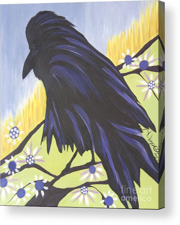 #raven #bird #raven #nature #treebranchs #photography #fineart #art #images #acryliconcanvas #reflection Acrylic Print featuring the painting Reflection by Jacquelinemari
