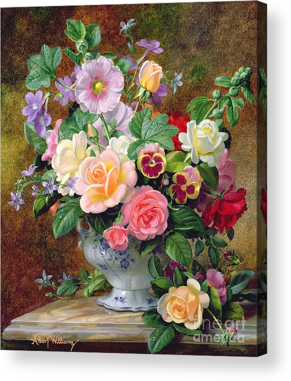 Still-life Acrylic Print featuring the painting Roses pansies and other flowers in a vase by Albert Williams