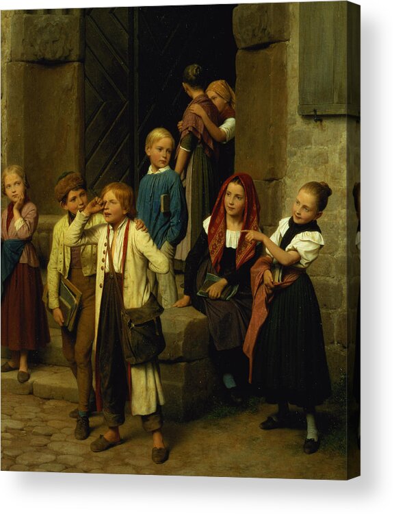 Schoolchildren Watching A Boy Cry Acrylic Print featuring the painting Schoolchildren Watching a Boy Cry by Friedrich Edouard Meyerheim