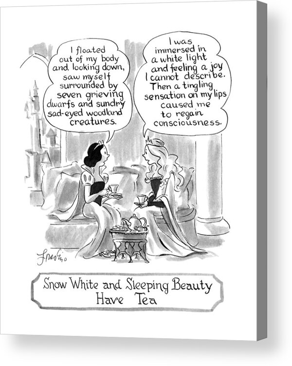 Characters Acrylic Print featuring the drawing Snow White And Sleeping Beauty Have Tea by Edward Frascino