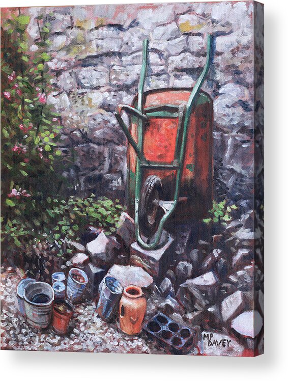 Still Life Acrylic Print featuring the painting Still life wheelbarrow with collection of pots by stone wall by Martin Davey