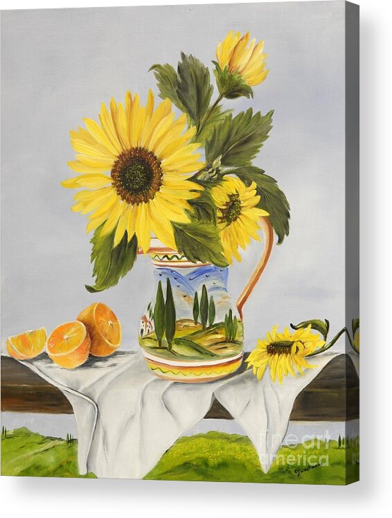 Italy Acrylic Print featuring the painting Tuscan Pitcher and Sunflowers by Carol Sweetwood