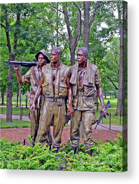 Vietnam Veterans Memorial Acrylic Print featuring the photograph Vietnam War Memorial Three Servicemen statue in Washington D.C. by Jim Fitzpatrick