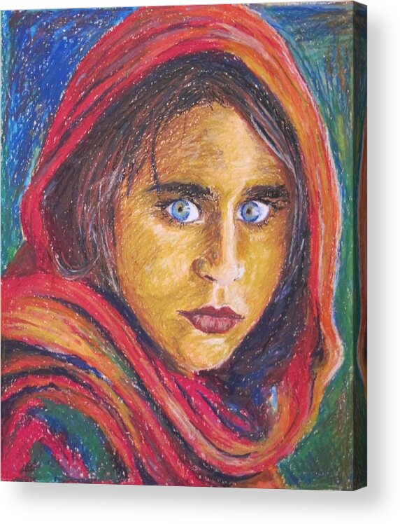 Portret Acrylic Print featuring the painting Afganistan girl #1 by Ema Dolinar Lovsin 