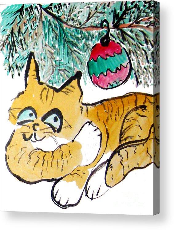 Funny Happy Humor Cute Animal Whimsy Whimsical Pets Christmas christmas-cat christmas Kitten  Cats Acrylic Print featuring the painting Just Stretching by Ellen Miffitt