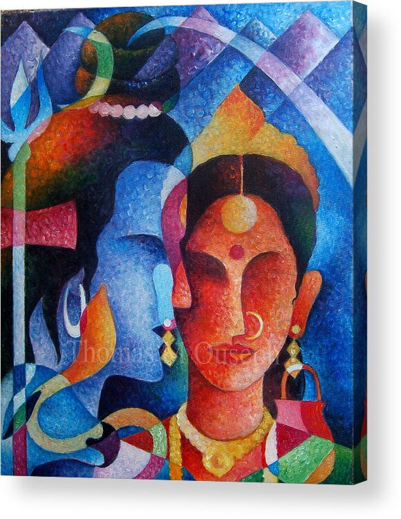 Different Face! Acrylic Print featuring the painting Lord Siva and Parvathi in Kailasa by Thomas M Ouseph