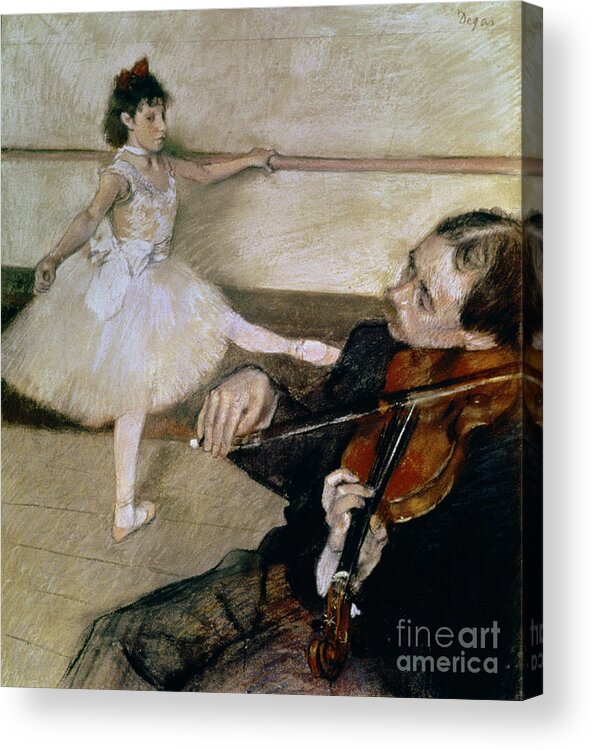Dancing; Learning; Ballet; Music; Violin; Tutu; Impressionist; Violinist; Practice; Pose Acrylic Print featuring the pastel The Dance Lesson by Edgar Degas